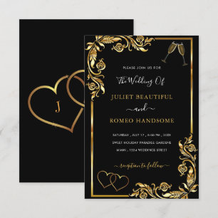 Bröllbjudan till guld Black Hearts Toast Glasses W Inbjudningar
