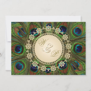 Bröllbjudan till Guld Blommigt Peacock Feathers Inbjudningar