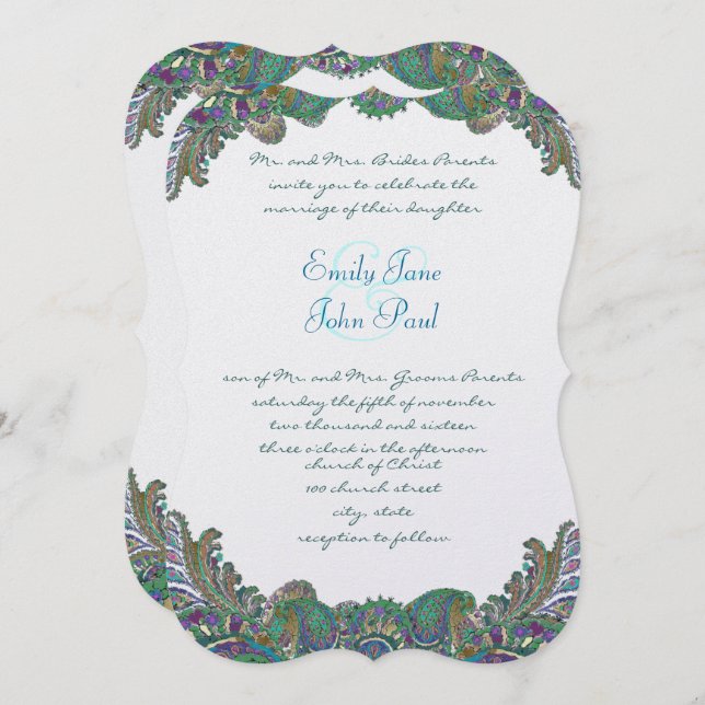 Bröllbjudan till Guld Paisley Peacock Färg Inbjudningar (Fram/baksida)