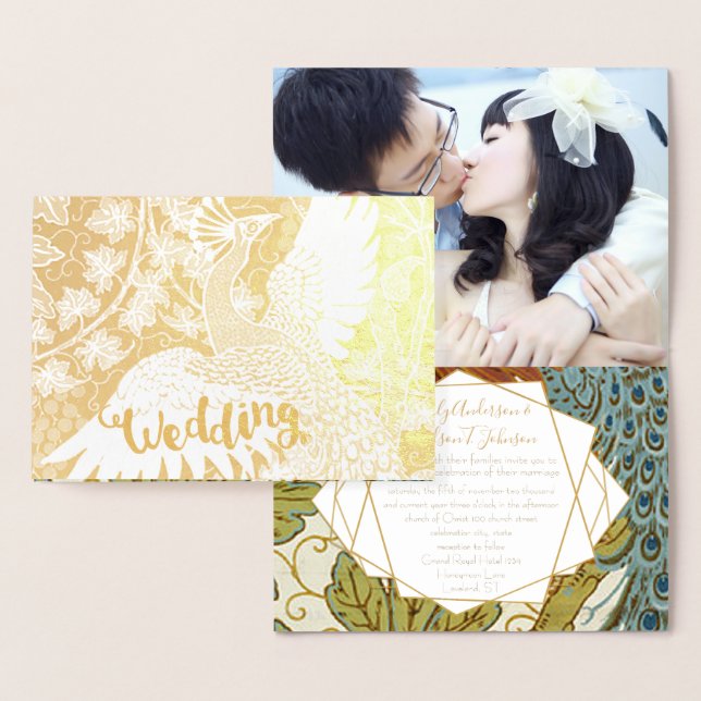 Bröllbjudan till Guld Peacock Geometric Ram Folierat Kort (Display)