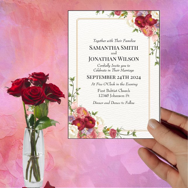 Bröllbjudan till guld Ram Watercolor Flowers Weddi Inbjudningar (Skapare uppladdad)