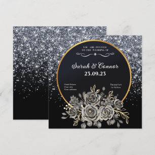 Bröllbjudan till Guld Svarta Ro Silver Glitter