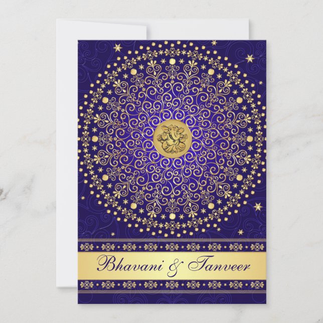 Bröllbjudan till Hindu Ganesh Blue Guld Scrolls Bö Inbjudningar (Framsida)