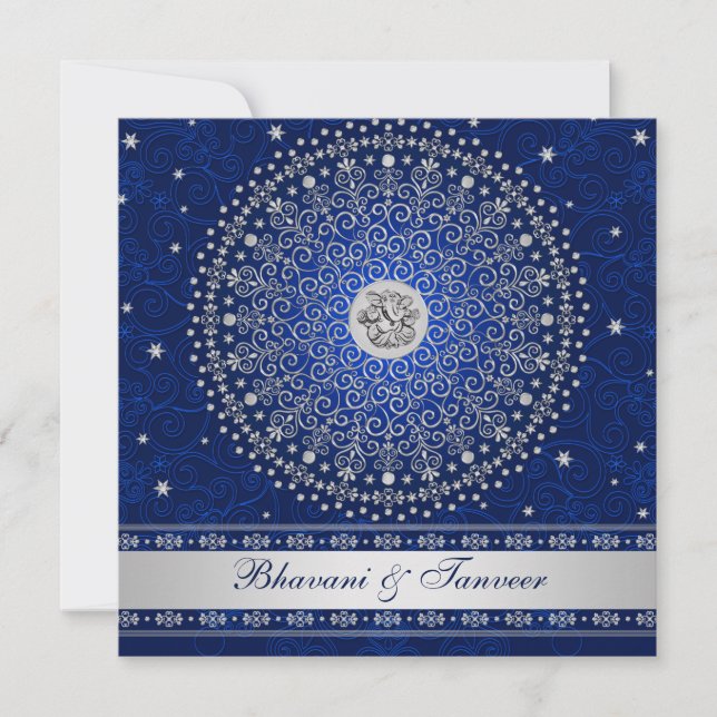 Bröllbjudan till Hindu Ganesh Blue Silver Scrolls  Inbjudningar (Framsida)