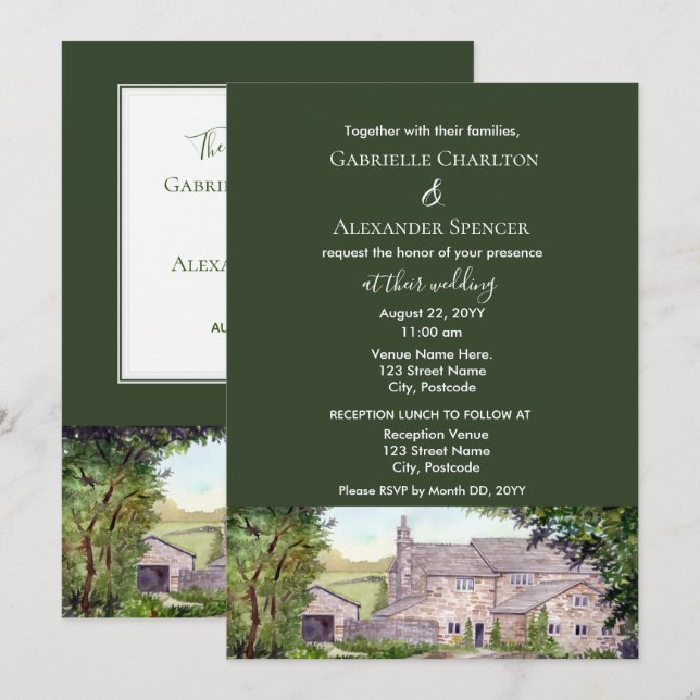 Bröllbjudan till högvattenfärgsbröllop med stenbry inbjudningar (Fram/baksida)