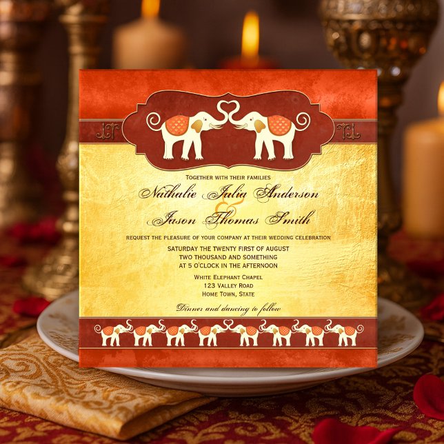 Bröllbjudan till konstgjord indisk vit elefantbröl inbjudningar (Indian art inspired wedding invitation featuring two ivory elephants and their families)