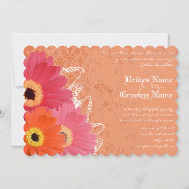 Bröllbjudan till koral & Orange Gerber Daisy Weddi Inbjudningar (Framsida)