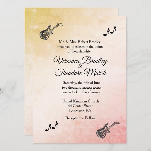 Bröllbjudan till korallgossans för gitarr teme inbjudningar (Fram/baksida)