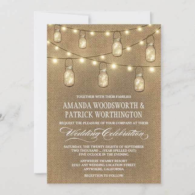 Bröllbjudan till Land Burlap Mason Burk Inbjudningar (Framsida)