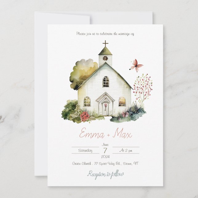 Bröllbjudan till land Church Watercolor Wedding Inbjudningar (Framsida)