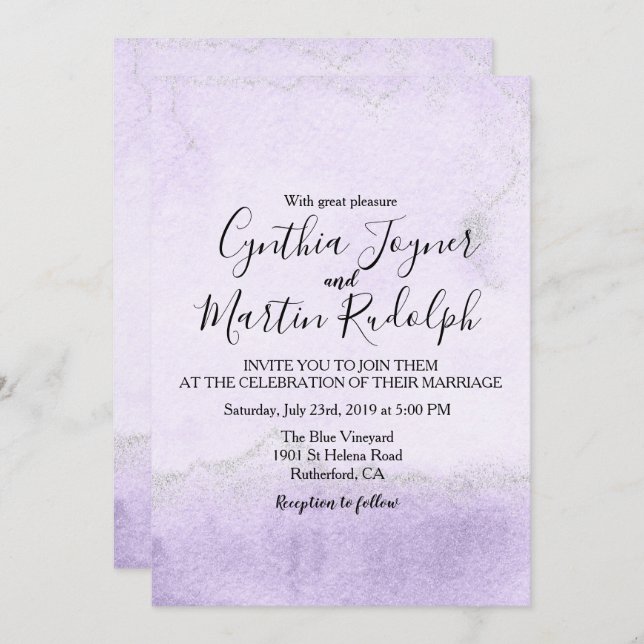 Bröllbjudan till Lavender Glitter Watercolor Weddi Inbjudningar (Fram/baksida)