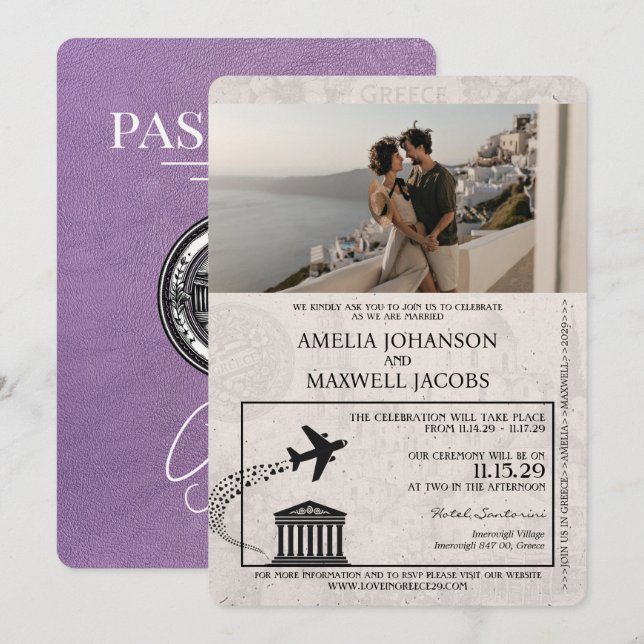 Bröllbjudan till Lavender Lila Greece Passport Wed Inbjudningar (Fram/baksida)