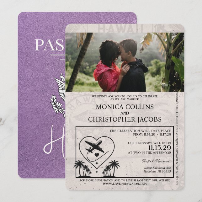 Bröllbjudan till Lavender Lila Hawaii Passport Wed Inbjudningar (Fram/baksida)
