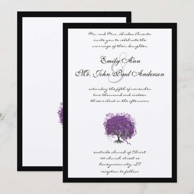 Bröllbjudan till lila Heart Löv Träd Black Gräns Inbjudningar (Fram/baksida)