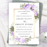 Bröllbjudan till lila Ro Rustic Blommigt Inbjudningar<br><div class="desc">Mjuk pastel lila ro dekorerar ett tunt guld ram. Löv för delikat grönt läggs till i blommigten för vattenfärg arrangemangt. En pastellpegerad vattenfärg tvättar svepningar på baksidan. Den här lila blommigtens bröllopsinbjudan är en del av Violette-samlingen. Den innehåller mallar från DIY bröllop som gör att du enkelt kan skapa ditt...</div>