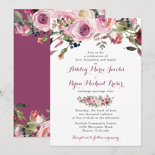 Bröllbjudan till lila Rosa Chic Ro Blommigt  Inbjudningar (Fram/baksida)