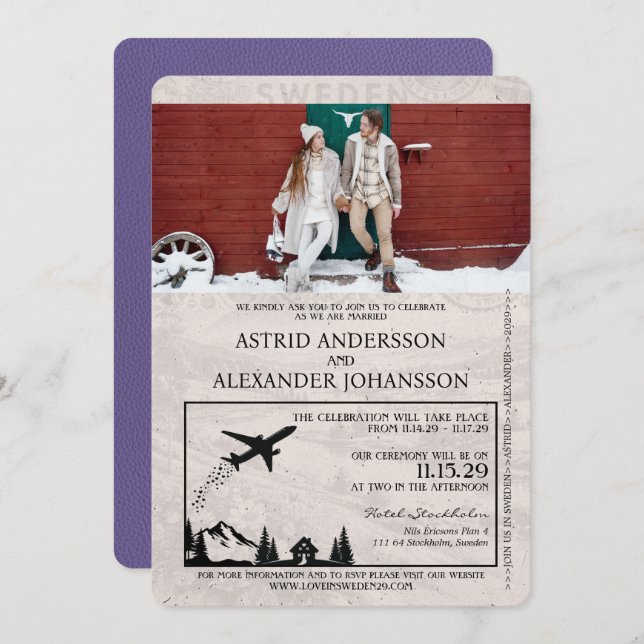 Bröllbjudan till Lilac Lila Sverige Passport Weddi Inbjudningar (Fram/baksida)