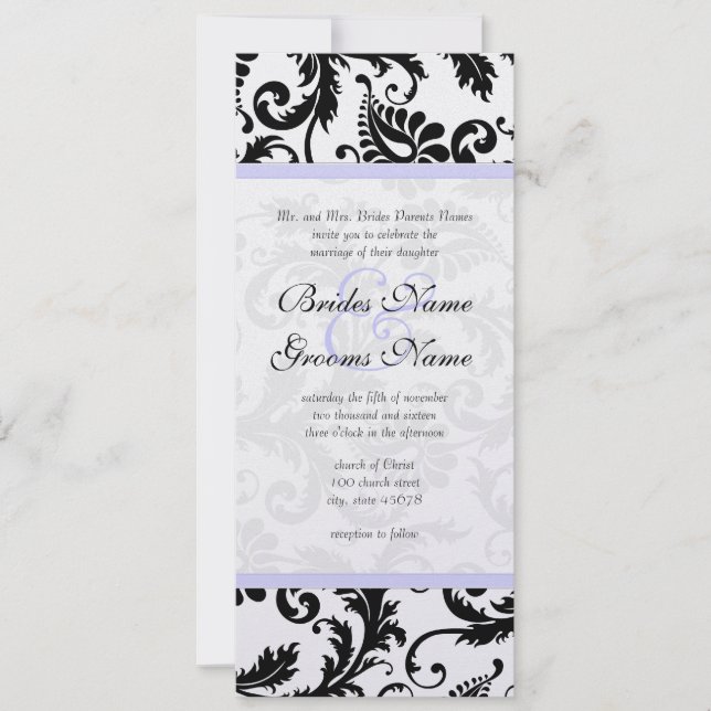 Bröllbjudan till Lilac Trim Black Damask Swirls Inbjudningar (Framsida)