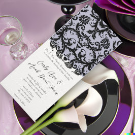 Bröllbjudan till Lilac Trim Black Damask Swirls Inbjudningar