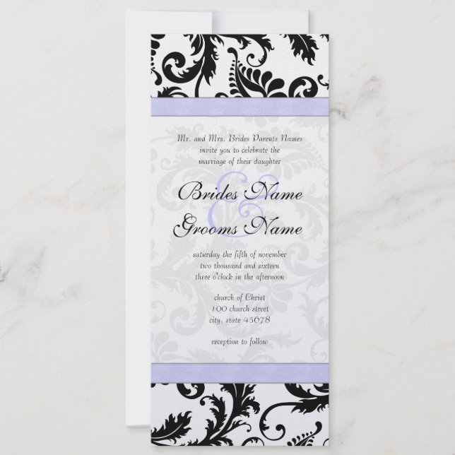 Bröllbjudan till Lilac Trim Black Damask Swirls Inbjudningar (Framsida)