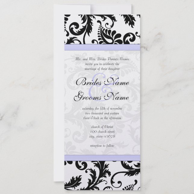 Bröllbjudan till Lilac Trim Black Damask Swirls Inbjudningar (Framsida)