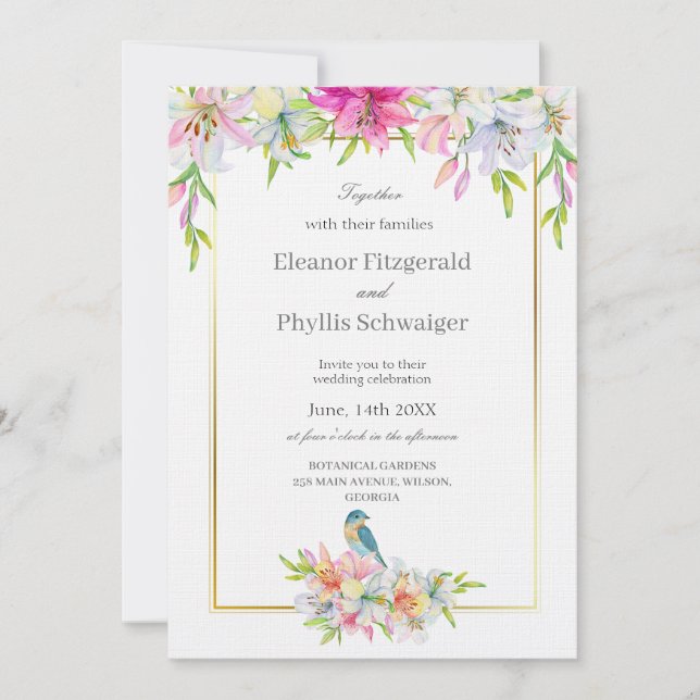 Bröllbjudan till Lilies Bird Watercolor Wedding Inbjudningar (Framsida)