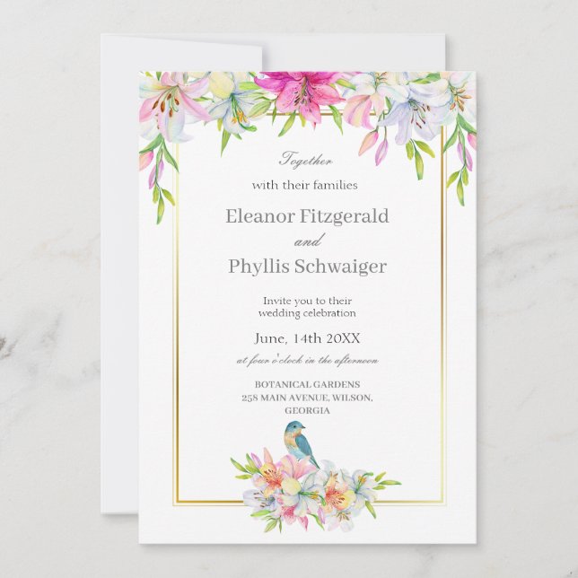 Bröllbjudan till Lilies Bird Watercolor Wedding Inbjudningar (Framsida)