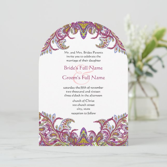 Bröllbjudan till Lime Green och Raspberry Damask Inbjudningar (Stående Fram)