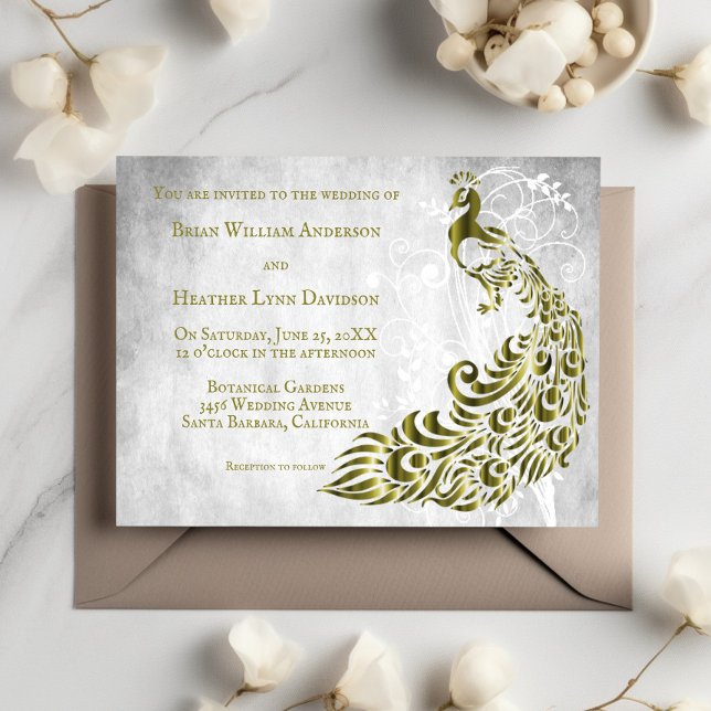 Bröllbjudan till Löv-boskap i guld Inbjudningar (Gold Peacock Leaf Vine Wedding Invitation)