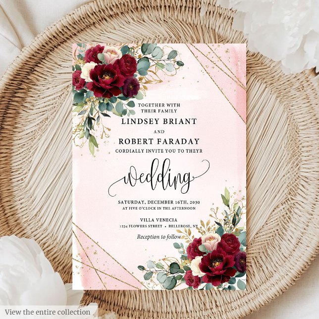 Bröllbjudan till Luxury Boho Merlot Guld  Ro Inbjudningar (Luxury Boho Merlot Gold Blush Roses Wedding Invitation)