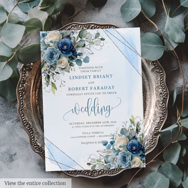 Bröllbjudan till lyxdagen Dusty Blue Silver Blommi Inbjudningar (Luxury Dusty Blue Silver Floral Wedding Invitation)