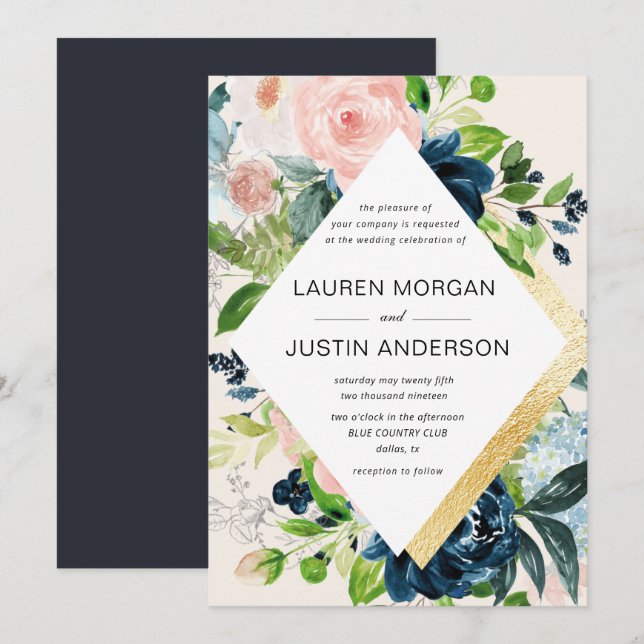 Bröllbjudan till marinen  blommigt guld gräns inbjudningar (Fram/baksida)