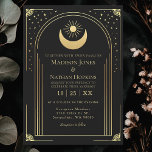 Bröllbjudan till marschbröllop med Mystical Black  Inbjudningar<br><div class="desc">Lägg till en aning celestial magi till din stora dag! Dessa mystiska tarotgotiska bröllopsinbjudningar har en tarotinspirerad utformning med en strålande sol,  måne och stjärnor i guld mot en mystisk svart bakgrund. OBS! guld som visas i denna design är INTE äkta folie.</div>