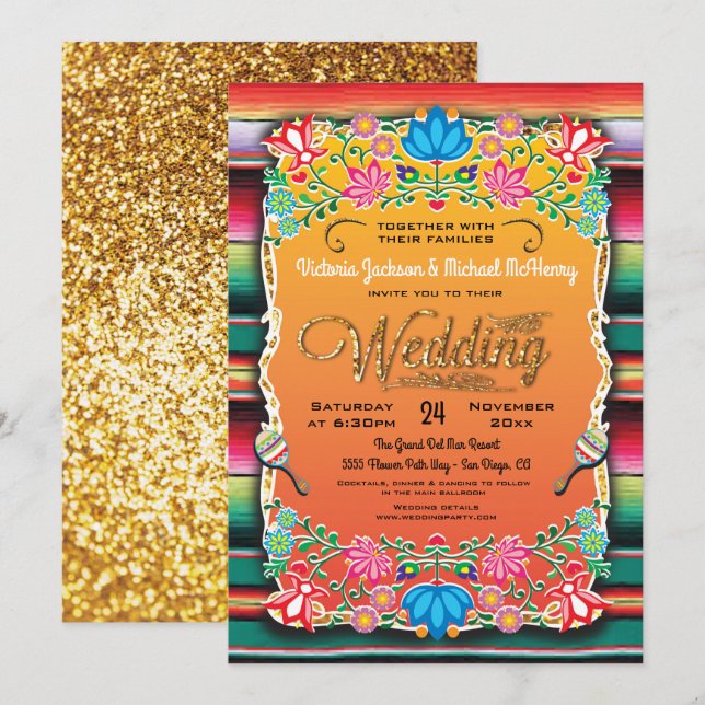 Bröllbjudan till Mexikanska Fiesta Guld Glitter Inbjudningar (Fram/baksida)