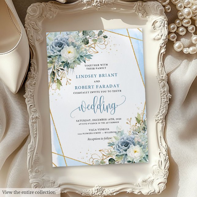 Bröllbjudan till minimalistiskt dammblått Guld-blo Inbjudningar (Minimalist Dusty Blue Gold Flowers Wedding Invite)