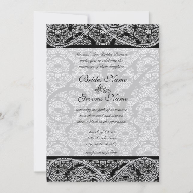 Bröllbjudan till Monogram Black Damask Wedding Inbjudningar (Framsida)