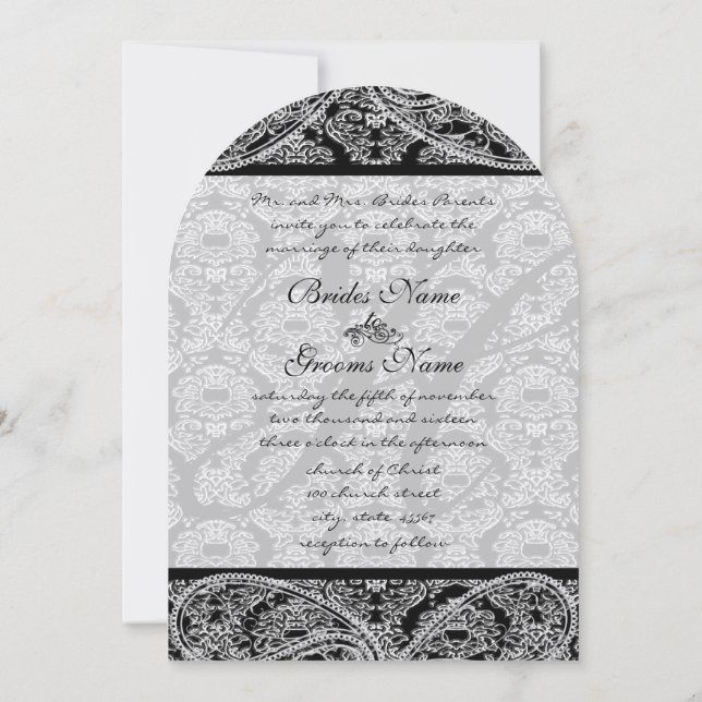 Bröllbjudan till Monogram Black Damask Wedding Inbjudningar (Baksida)