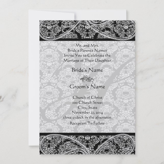 Bröllbjudan till Monogram Black Damask Wedding Inbjudningar (Framsida)