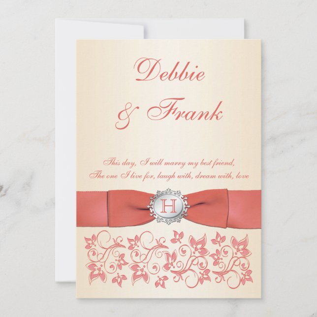 Bröllbjudan till Monogram Blommigt Coral Champagne Inbjudningar (Framsida)