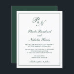 Bröllbjudan till Monogram Forest Grönt Budget<br><div class="desc">Traditionell bröllopsinbjudan till stil-budget med en enkel och klassisk design med dina två första monogram och namn i en elegant kalligrafi inuti ett tunt gräns. All inslag är i grönt över en vit bakgrund och kan ändras i designredigeringsverktyget i verktyg. Denna klassutformning är perfekt för ett formellt bröllop.</div>