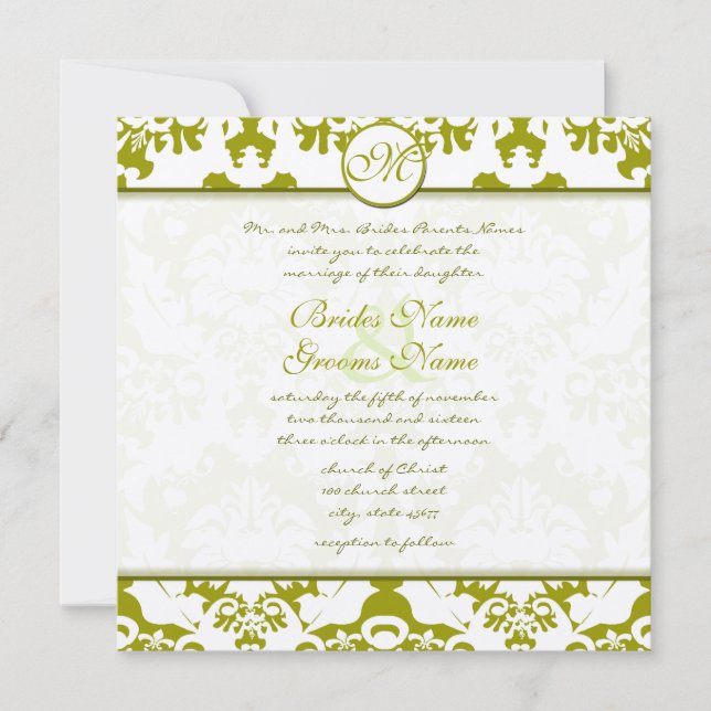 Bröllbjudan till Monogram Olive Lime Damask Weddin Inbjudningar (Framsida)