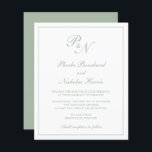 Bröllbjudan till Monogram Sage Grönt Budget<br><div class="desc">Traditionell bröllopsinbjudan till stil-budget med en enkel och klassisk design med dina två första monogram och namn i en elegant kalligrafi inuti ett tunt gräns. All inslag är i sidled grönt över en vit bakgrund och kan ändras i designredigeringsverktyget i verktyg. Denna klassutformning är perfekt för ett formellt bröllop.</div>