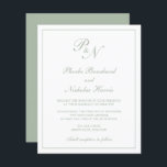 Bröllbjudan till Monogram Sage Grönt Budget<br><div class="desc">Traditionell bröllopsinbjudan till stil-budget med en enkel och klassisk design med dina två första monogram och namn i en elegant kalligrafi inuti ett tunt gräns. All inslag är i sidled grönt över en vit bakgrund och kan ändras i designredigeringsverktyget i verktyg. Denna klassutformning är perfekt för ett formellt bröllop.</div>