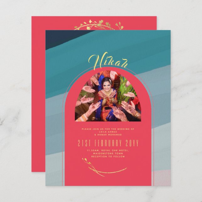 Bröllbjudan till NIKAH Teal Red Guld PHOTO (Fram/baksida)