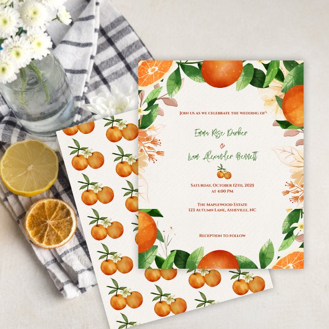 Bröllbjudan till orange Botaniska Citrus Orchard O (Orange Botanical Citrus Orchard Wedding Invitation)