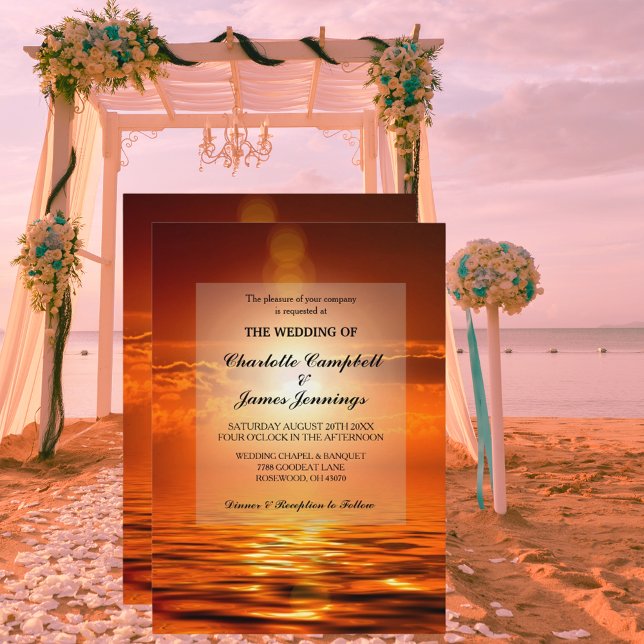 Bröllbjudan till Orangen Golden Himlar Sea Guld (Sunset Orange Golden Sky Sea Gold Wedding Invite)