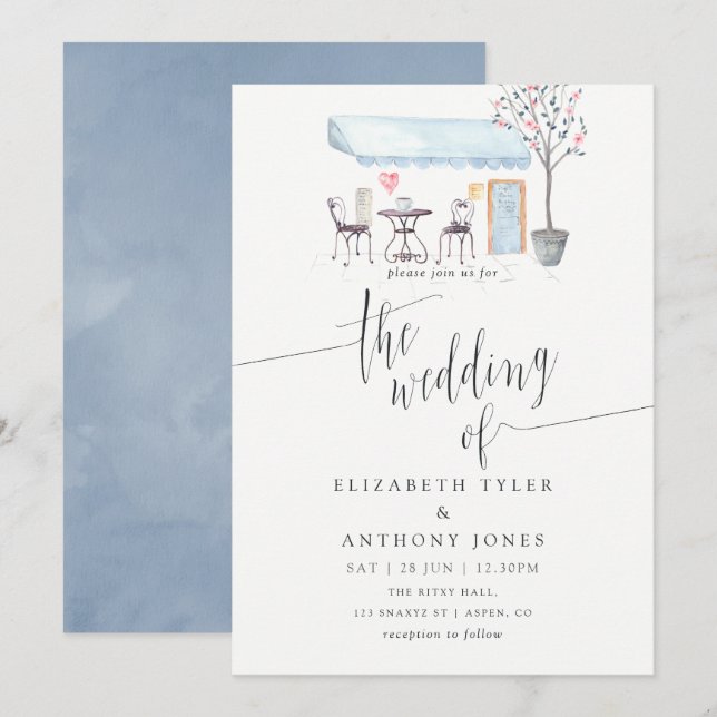 Bröllbjudan till Paris Cafe Watercolor Wedding Inbjudningar (Fram/baksida)