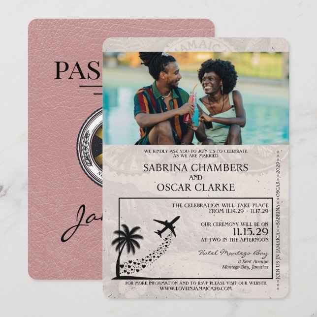 Bröllbjudan till pass för Dusty Ro Jamaica Inbjudningar (Fram/baksida)