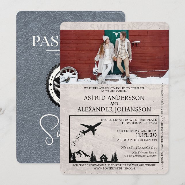 Bröllbjudan till passbröllop i silver Sverige Inbjudningar (Fram/baksida)