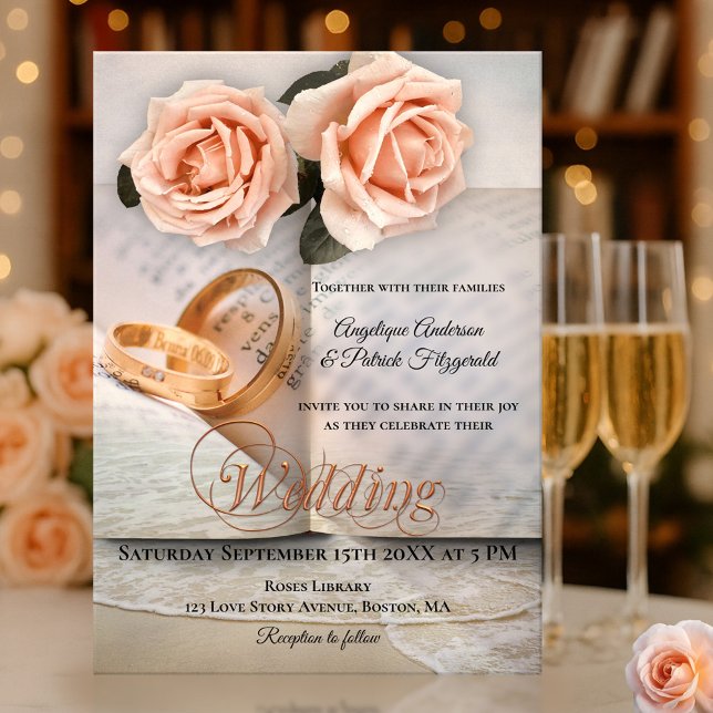 Bröllbjudan till Peach Ro Kärlek, Bok,, Inbjudningar (Wedding invitation featuring roses on a book and wedding band background with a soft beach overlay)